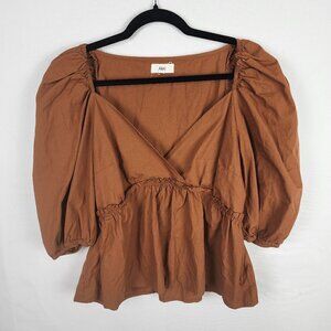 RAHI 100% Cotton Bohemian Puff Sleeve‎ Peplum V-neck Top L